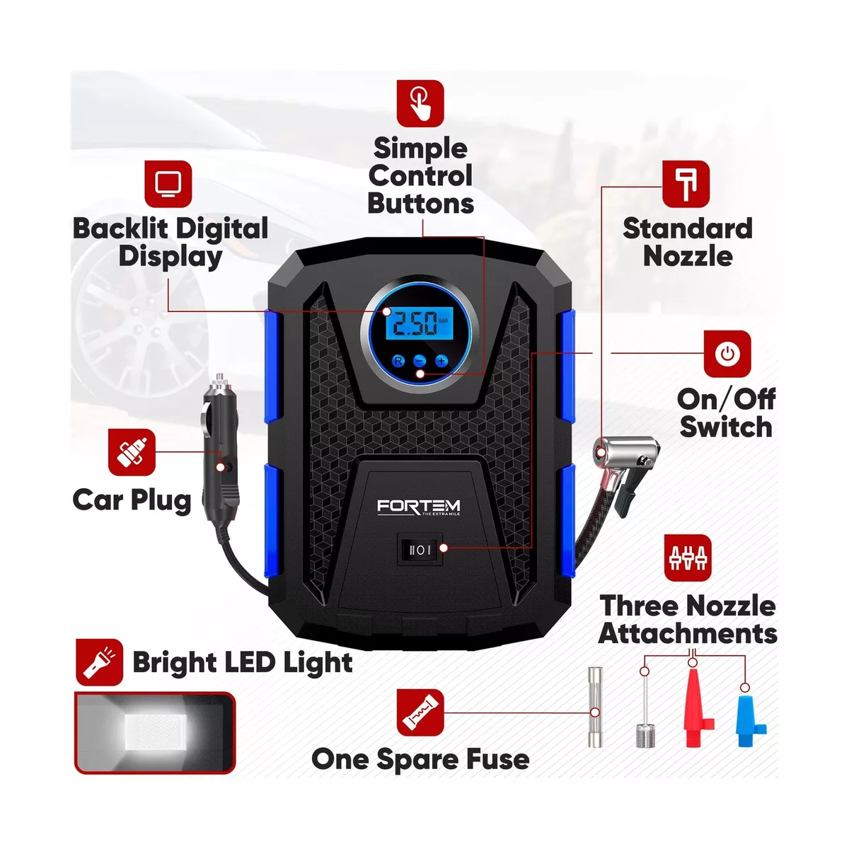 FORTEM Tire Inflator Portable Air Compressor 150 PSI Bike Pump