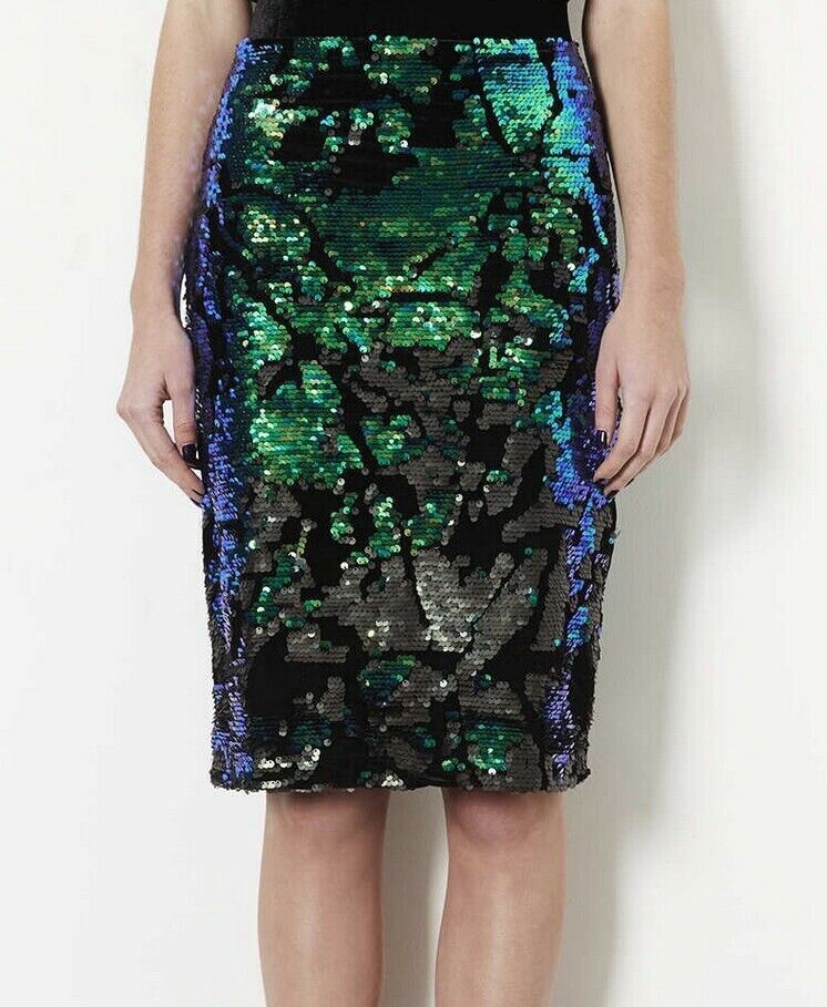 Topshop reverse multi Colour sequin bodycon pencil skirt Size UK