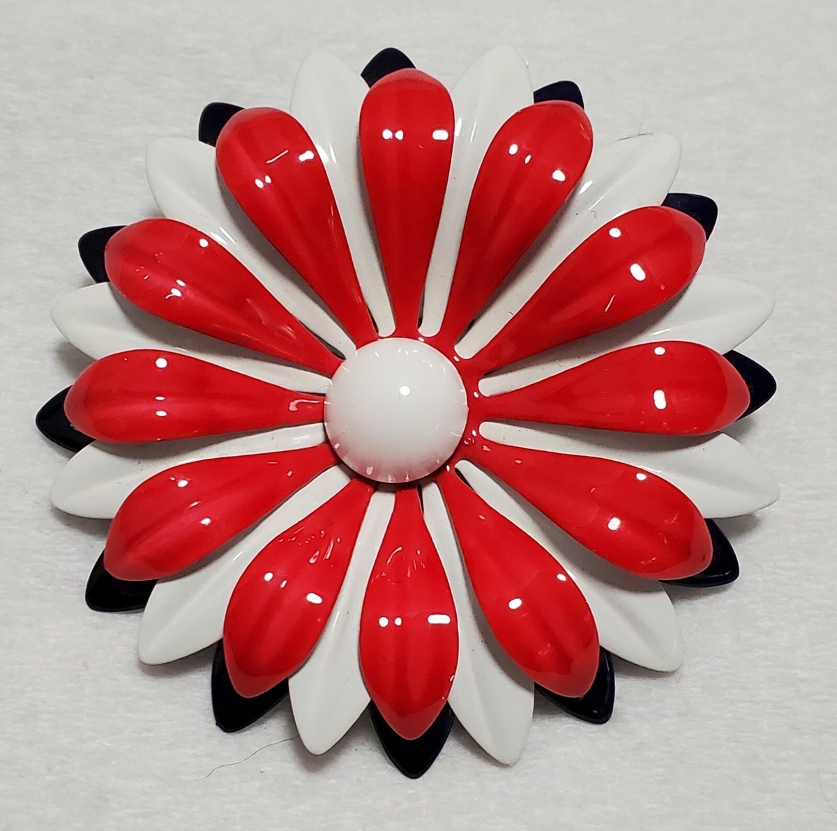 Vintage Retro Large 1960s Red White Blue Enamel Flower Brooch