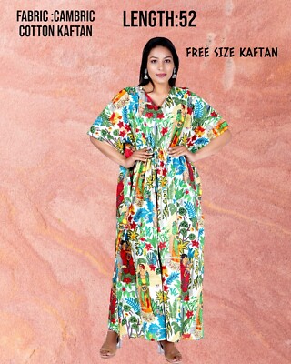 Indian Frida Kahlo Cotton Dress Kaftan Maxi Caftan Long Women Nightwear Gown US