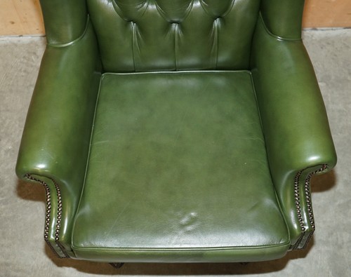 FINE GREEN LEATHER CHESTERFIELD PRESIDENTS CAPTAINS WINGBACK OFFICE SWIVEL CHAIR - Picture 7 of 17