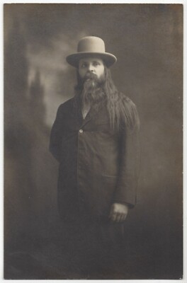 1920 Studio REAL PHOTO of Man w/ Long Hair, Long Beard, Suit