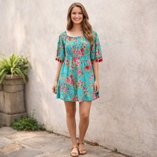 A&B Floral Tassel Cotton Mini Dress Turquoise Pink Boho Empire Prairie Beach M
