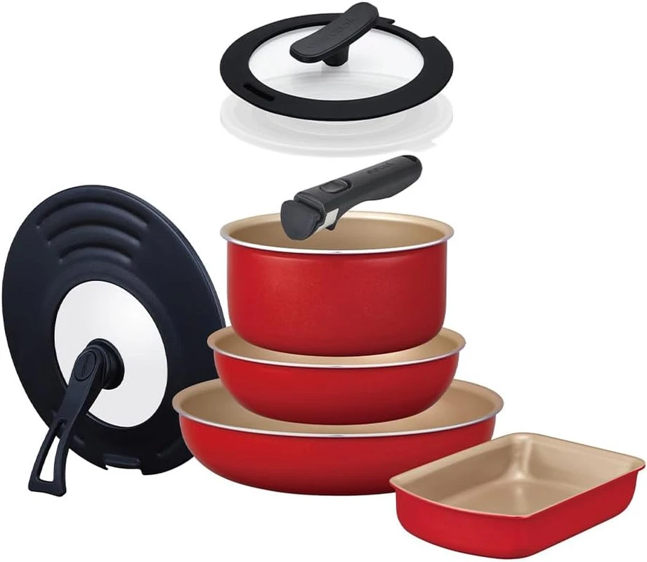 Evercook 8-Piece Frying Pan Set - Induction & Gas Compatible, Removable Red
