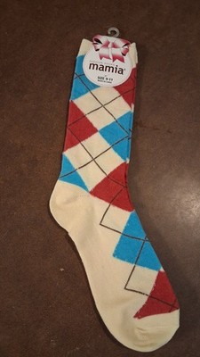 Mamia Fashion Socks Tan Red and Blue Argyle/Color Block Misses Size 9-11 NWT