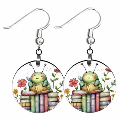 Whimsical Bookworm Dangle Earrings Wood Handcrafted Hypoallergenic Bookish Gift