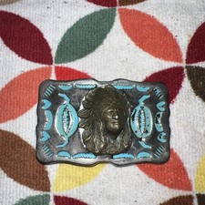 Native American Indian Chief Belt Buckle Western Teal Accents Vtg 80s USA