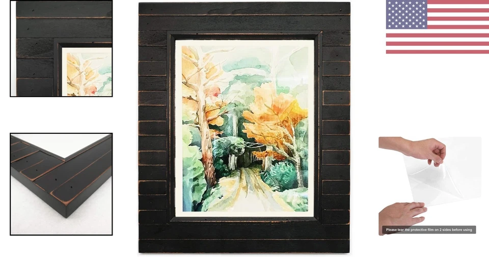 Marco de fotos negro envejecido rústico 11x14 con plexiglás - Pantalla versátil Foto 2 de 4