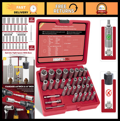 33mm Deep Reach Bolt Extractor Set, 32-Piece Easy-Out Lug Nut & Spark Plug Remov