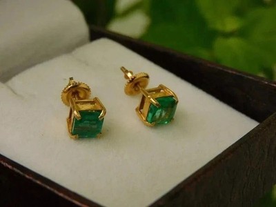 2.42Ct Asscher Cut Natural Emerald Solitaire Stud Earrings 14K Yellow Gold Solid