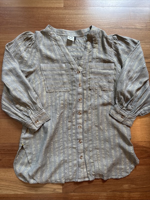 Akemi + Kin 4 Top Blouse Gold Gray Stripe Anthropologie Button Front V-Neckline