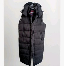 Image of Superdry Gilet Hooded Ripstop Longline Black Grid Size 12 -NEW RRP£145