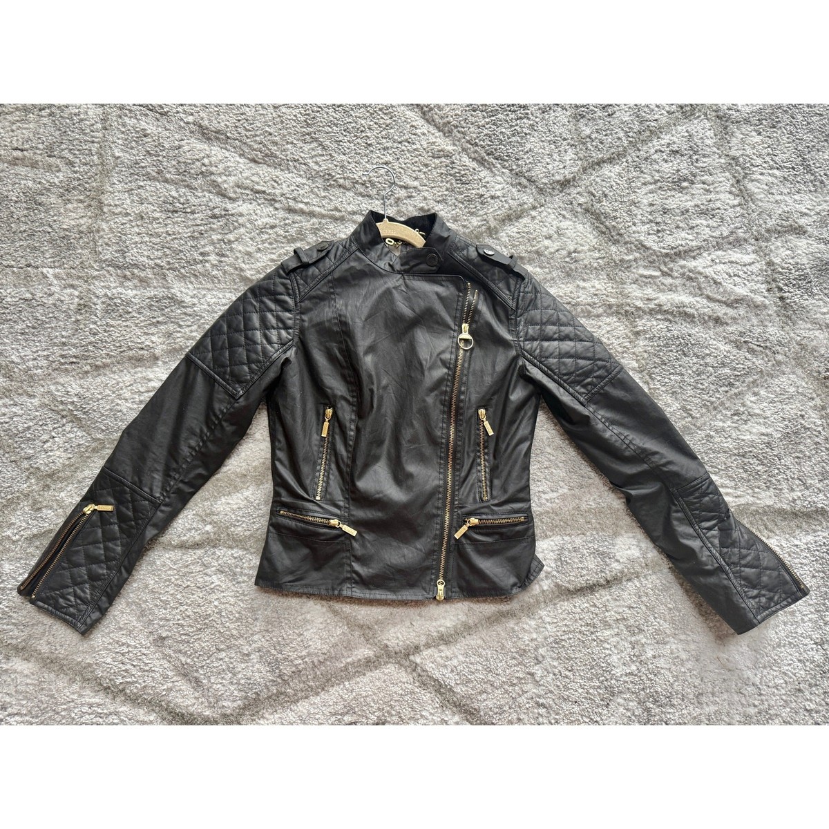 Barbour Jacket Womens UK 8/US Black Waxed Cotton Biker Waterproof Hard to  find