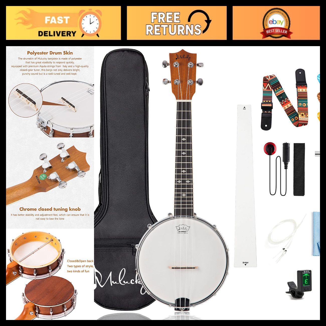 23" Sapele Wood 4-String Banjolele Travel Kit - Lightweight Ukulele & Banjo Comb