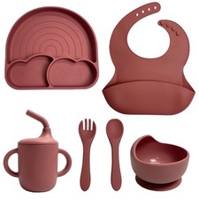 6 Pack Silicone Baby Feeding Set Rainbow Suction Plate Spoon Fork Bowl Water Cup
