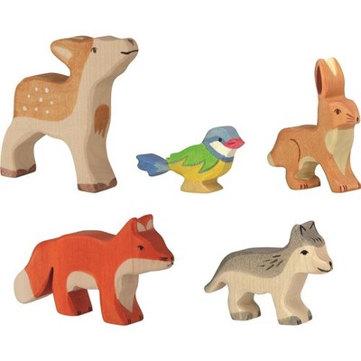 Holztiger Holzfigur - Waldtiere, 5er Set, Reh-Kitz, Blaumeise, Hase, Fuchs, Wolf