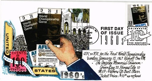 Dr Jim Stamps FDC 33c AFL-NFL World Championship Game Celebrate 1960s Monarch