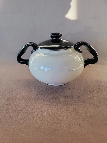 VINTAGE HULL POTTERY SUGAR BOWL # 24 BLACK AND WHITE PERFECT