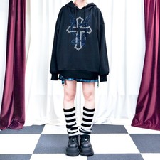 LISTEN FLAVOR Dark Cross Sparkling Studded Hoodie Black