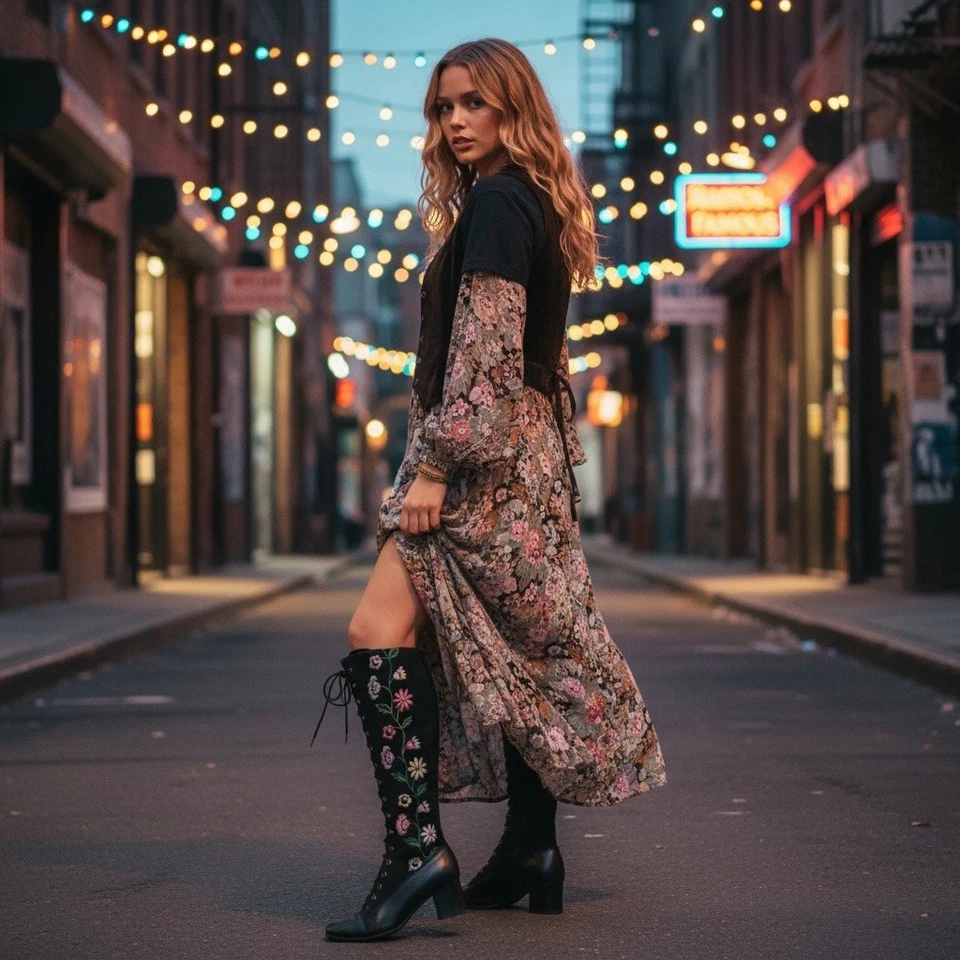 Botas de Colección Años 70 Con Cordones Granny Go Go Bordadas Penny Lane Whimsygoth Talla 7 Foto 2 de 4