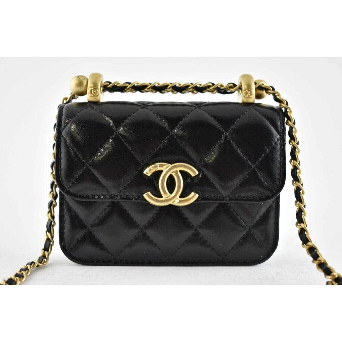 Chanel 21A Black Mini Flap Coin Purse With Chain Handle Shoulder