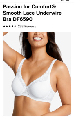 NEW WT WHITE BALI PASSION FOR COMFORT SMOOTH LACE UNDERWIRE  # 6590 , SIZE:34D.