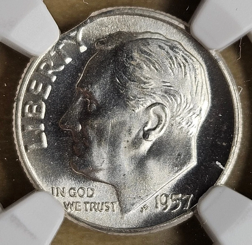 1957 P Roosevelt Dime Mint Error Gem Uncirculated BU MS 66 Curved Clip NGC - Image 2 of 4