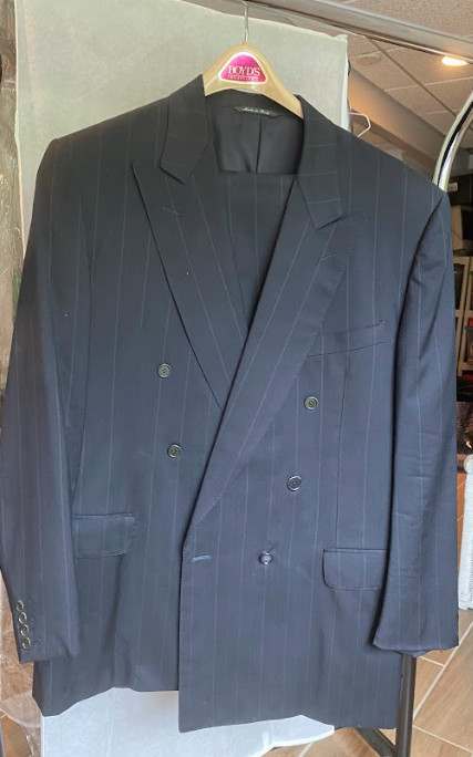 custom tailored men's Canali wool suit, black pinstripe, double
