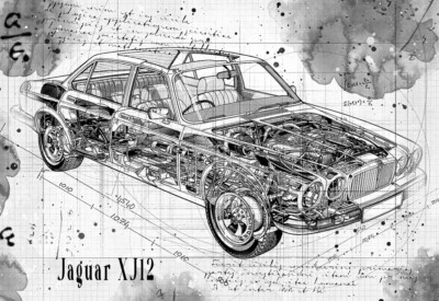 Line Tech Zeichnung Jaguar XJ12 Cutaway Kunst Poster Druck