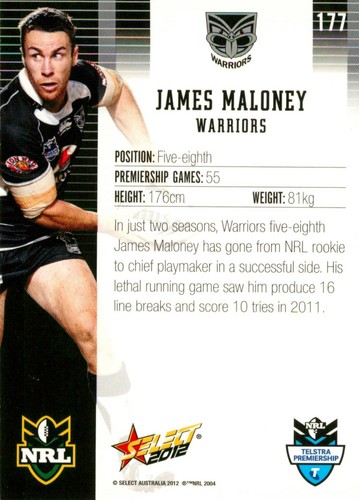 2012 NEW ZEALAND WARRIORS NRL Card JAMES MALONEY - Picture 2 of 2