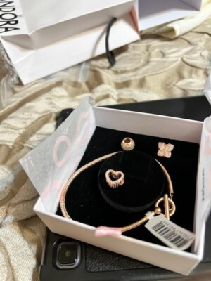 PANDORA Moments T- BAR Snake 8.3 inch Rose Bracelet With Charms Authentic 