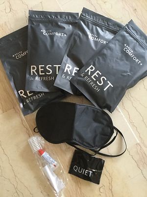 AIRPLANE COMFORT POUCHES: EYE MASK, EAR PROTECTORS, TOOTHBRUSH
