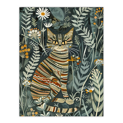 Striped Cat in Floral Botanical Garden Folk Art Wall Art Poster Print