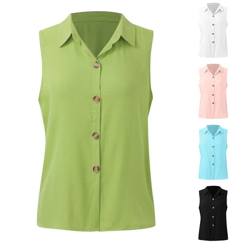 Damen Ärmellose Button Down Shirts Blusen Einfarbig Freizeit Leinen V Ausschnitt - Bild 19 von 39