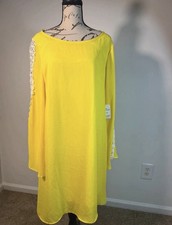 Catalog Connection Yellow Shift Dress M Boat Neck Long Sleeve Crochet Lace