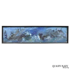 Vintage Mid Century Modern Blue Abstract Acrylic on Board Painting Artist Signed