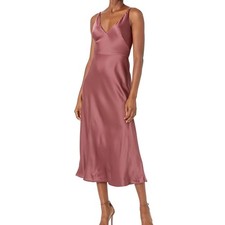 NWT Jenny Yoo Womens Marcy V Neck Satin Bias Cut Midi Dress Wild Rose Luxe 10