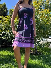 Hawaiian Short Sun Dress Floral Black Purple Hibiscus Adjustable Cami Straps Top