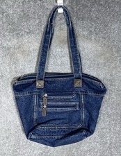 Vintage Y2K Blue Denim Shoulder Bag Two Straps Cotton Top Zip Exterior Pockets