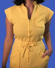 Yellow Vintage Jumpsuit 1960/70s Zipper Front Cap Sleeves Wide Leg Dot Pattern