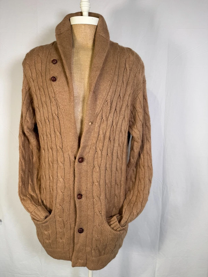 Cárdigan Largo Vintage Ralph Lauren Marrón Tejido con Cable Puro Cabello Camello Botones Talla L Foto 3 de 4