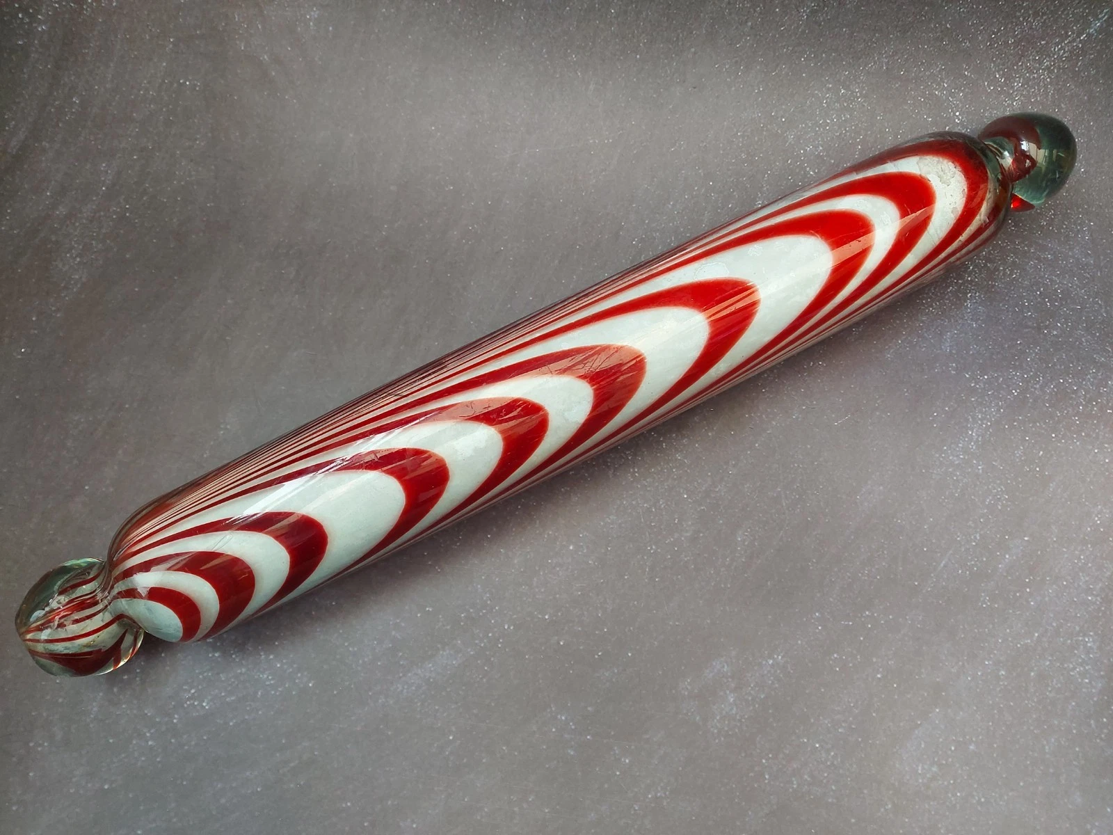 Antique Nailsea Red & White Glass Rolling Pin With Wear / Baking / Decorative