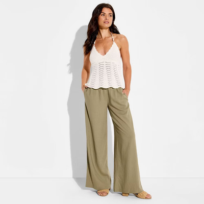 #ad Women Low Rise Baggy Leg Linen Pull On Pants Wild Fable Green S $11.99