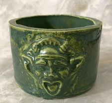 Green Ceramic Mug Container With Lion & Demon Faces 2.5" H X 3.5" W