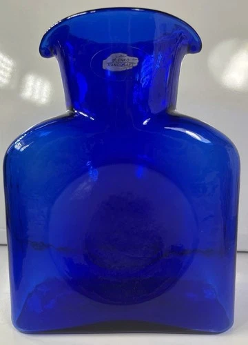Blenko Glass Cobalt Blue Water Jug Pitcher Bottle Double Spout Vase 2004 *Read