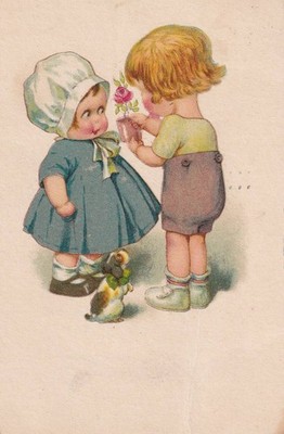 ARTIST POSTCARD DOG Kids Girl Boy Flower Rose Love