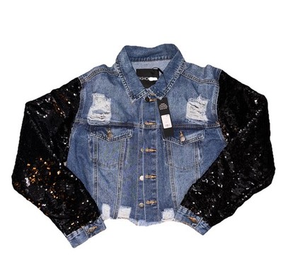 Fashion Nova Life Of The Party Denim Jacket - Dark Wash LARGE w/ Sequins