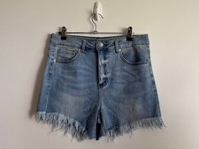 Women's Risen Blue Denim Frayed Hem Jean Shorts Size L
