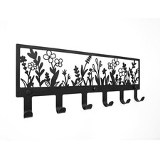 Floral Wall Mounted Coat Rack with 6 Hooks Decorative Black Metal Hanger for Coa