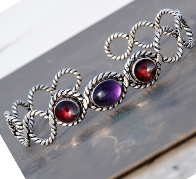 Red Garnet & Amethyst Gemstone 925 Sterling Silver Cuff Different Type Bracelet